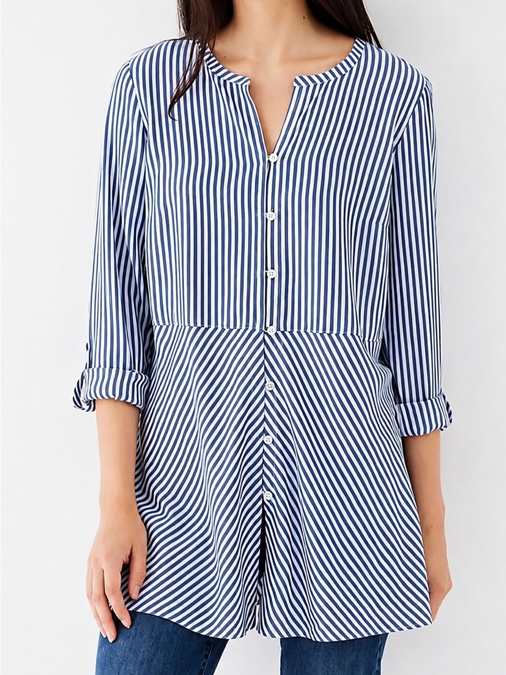J. JILL Women's M Striped Button Peplum Tunic Top Dutch Blue